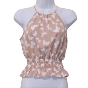 Paper Crane Butterfly Smocked Waist Peplum Halter Top in Pink NWT! size XS